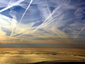 Cirrus clouds caused by jet contrails. Image from CO2 offset research.org