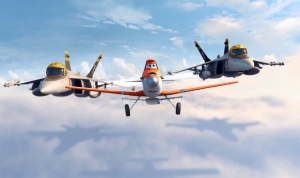 Dusty is escorted by Bravo and Echo, based on F-18s used in Top Gun. Image from the Disney website. 